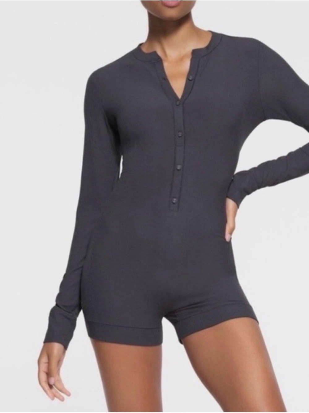 NWT SKIMS Soft Lounge Button Up Henley Lounge Onesie Romper Onyx